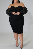 Zwarte sexy effen patchwork uit de schouder een stap rok plus size jurken