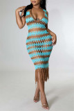 Синее модное сексуальное платье в стиле пэчворк с кисточками, прозрачное платье-жилет с V-образным вырезом