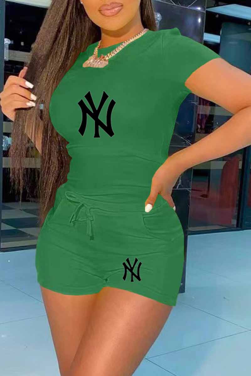 

Green Fashion Casual Print Letter O Neck Short Sleeve Two Pieces