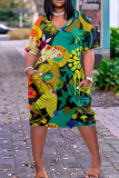 Абрикосовое модное повседневное платье с принтом и коротким рукавом с V-образным вырезом