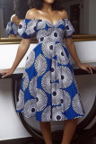 Blauwe elegante print patchwork off-shoulder A-lijn jurken