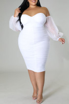 Blanco sexy sólido patchwork fuera del hombro falda de un paso vestidos de talla grande