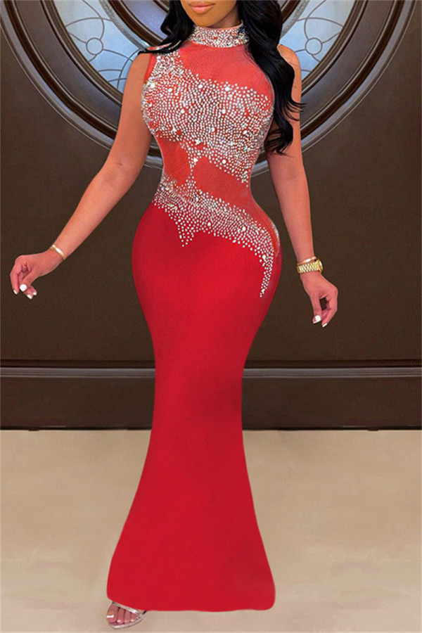 Красное модное сексуальное лоскутное горячее сверление прозрачное полупрозрачное вечернее платье с высоким воротником
