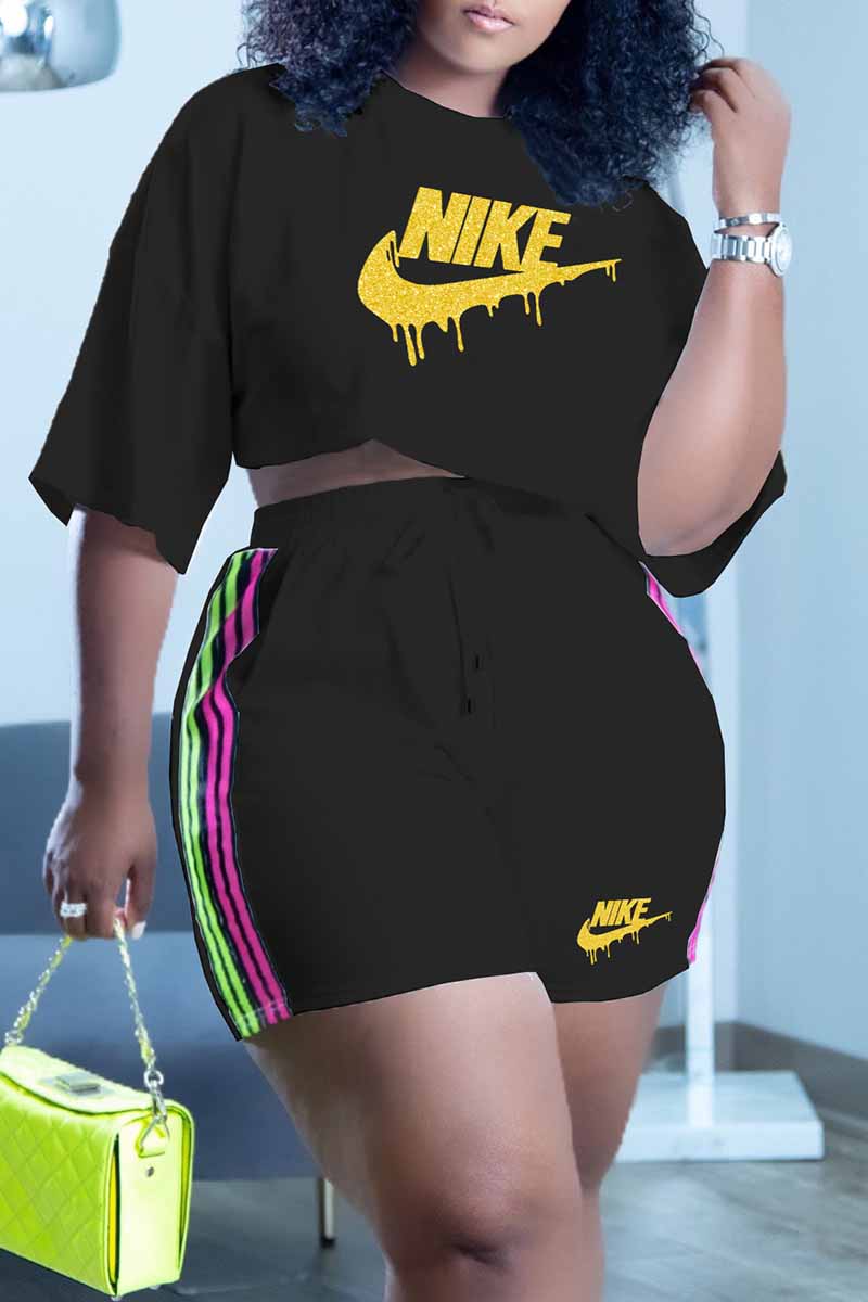 

Black Fashion Casual Print Letter O Neck Short Sleeve Two Pieces