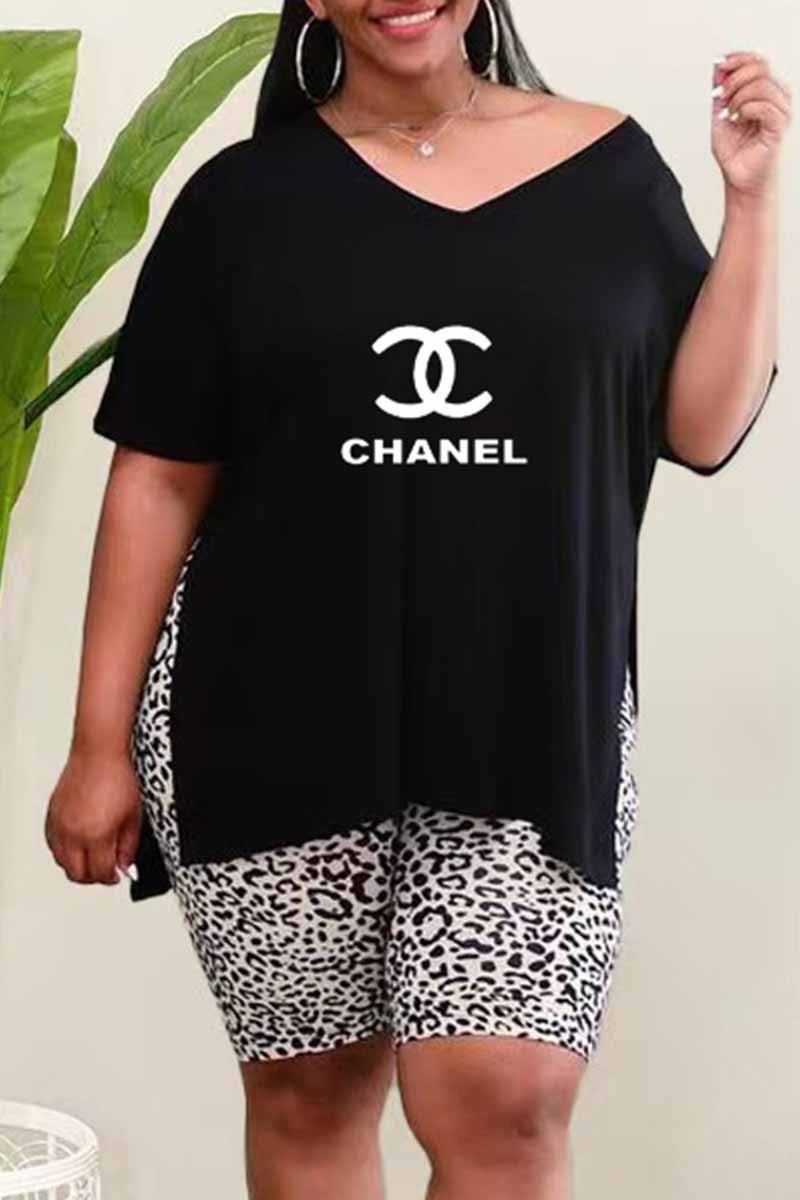 Black Fashion Casual Print Letter V Neck Plus Size Two Pieces