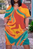 Оранжевое модное повседневное платье с принтом и коротким рукавом с V-образным вырезом Платья