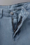 Babyblå Sexig Street Solid Tofs Ripped Make Old Patchwork Hög midja raka jeansshorts