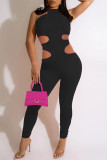 Schwarze Mode Sexy Solide Ausgehöhlte Backless Neckholder Skinny Jumpsuits