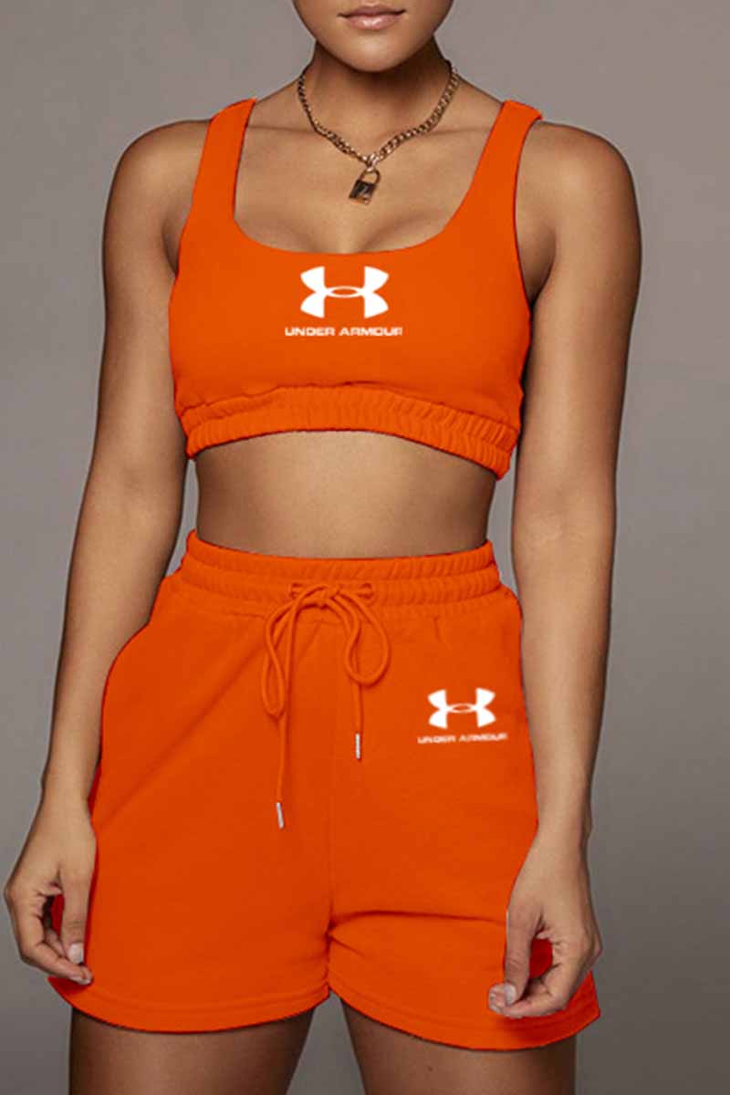 

Orange Fashion Casual Print Letter U Neck Sleeveless Two Pieces
