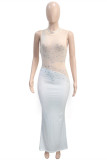 White Fashion Sexy Patchwork Hot Drilling See-through Half A Turtleneck Evening Dress