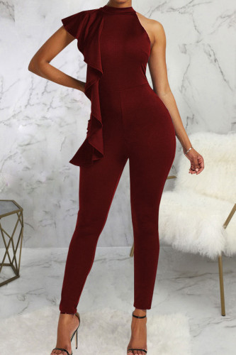 Burgundy Casual Solid Patchwork Flounce O Neck Skinny Jumpsuits