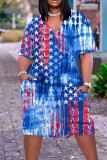 Blue Red Casual Flag Stars Print Short Sleeve V Neck Plus Size African Loose Straight Midi Dress