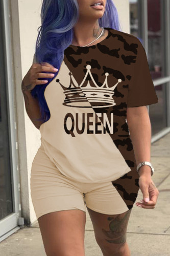 Brown Fashion Casual Print Basic O Neck Short Sleeve Two Pieces