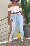 Light Blue Fashion Casual Solid Bandage Hollowed Out High Waist Skinny Denim Jeans