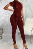 Burgundy Casual Solid Patchwork Flounce O Neck Skinny Jumpsuits