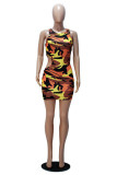 Army Green Fashion Casual Camouflage Print Hollowed Out O Neck Sleeveless Dress (Without Belt)