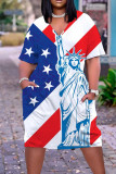 Blue Casual Flag Stars Print Short Sleeve V Neck Plus Size African Loose Straight Midi Dress