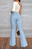 Jeans de mezclilla con corte de bota de cintura alta de vendaje sólido informal de moda azul