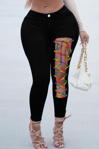 Jeans en denim moulant taille haute à la mode décontractée à bandage solide évidé noir