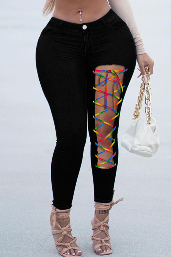 Zwarte mode casual effen bandage uitgeholde hoge taille skinny denim jeans