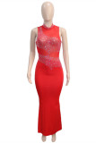 Red Fashion Sexy Patchwork Hot Drilling See-through Half A Turtleneck Evening Dress