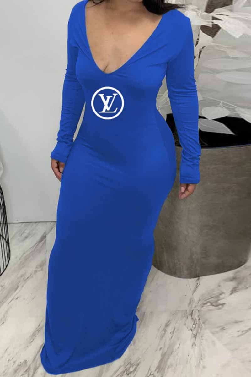 

Blue Fashion Sexy Print Letter V Neck One Step Skirt Dresses