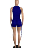 Blue Casual Sportswear Solid Embroidered Patchwork Draw String Fold O Neck Sleeveless Two Pieces