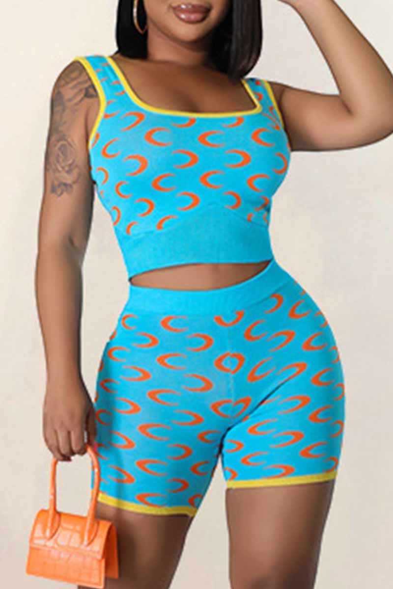 

Blue Fashion Street Print Patchwork U Neck Sleeveless Two Pieces