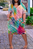 Абрикосовое модное повседневное платье с принтом и коротким рукавом с V-образным вырезом