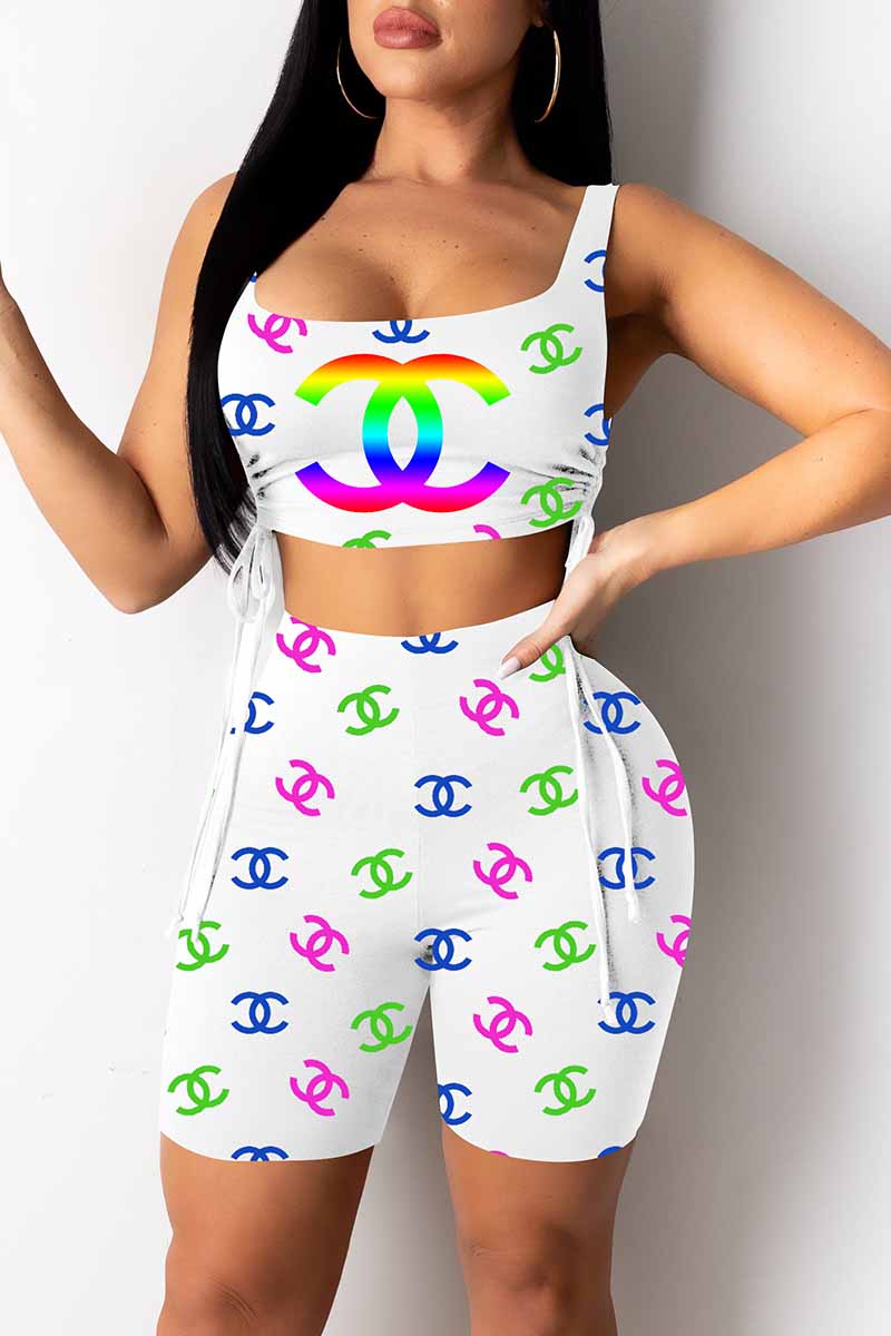 

White Fashion Casual Print Letter U Neck Sleeveless Two Pieces