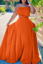 Оранжевое сексуальное однотонное длинное платье в стиле пэчворк с открытой спиной и воланами, длинное платье с лямкой на шее