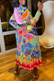 Rosa Casual elegante estampado patchwork hebilla doblar cuello vuelto camisa vestido vestidos (sin cinturón)