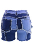 Blue Casual Street Solid Make Old Patchwork Color Block High Raw Trim Waist Denim Shorts