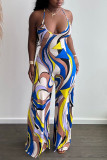 Yellow Casual Print Patchwork Spaghetti Strap Straight Jumpsuits