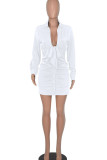 Blanc Sexy Solide Bandage Patchwork Boucle Pli V Cou Jupe Crayon Robes