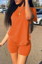 Оранжевый Модные повседневные однотонные лоскутные базовые с круглым вырезом и короткими рукавами из двух предметов