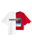 Rote, lässige Patchwork-T-Shirts mit asymmetrischem O-Ausschnitt und Straßendruck
