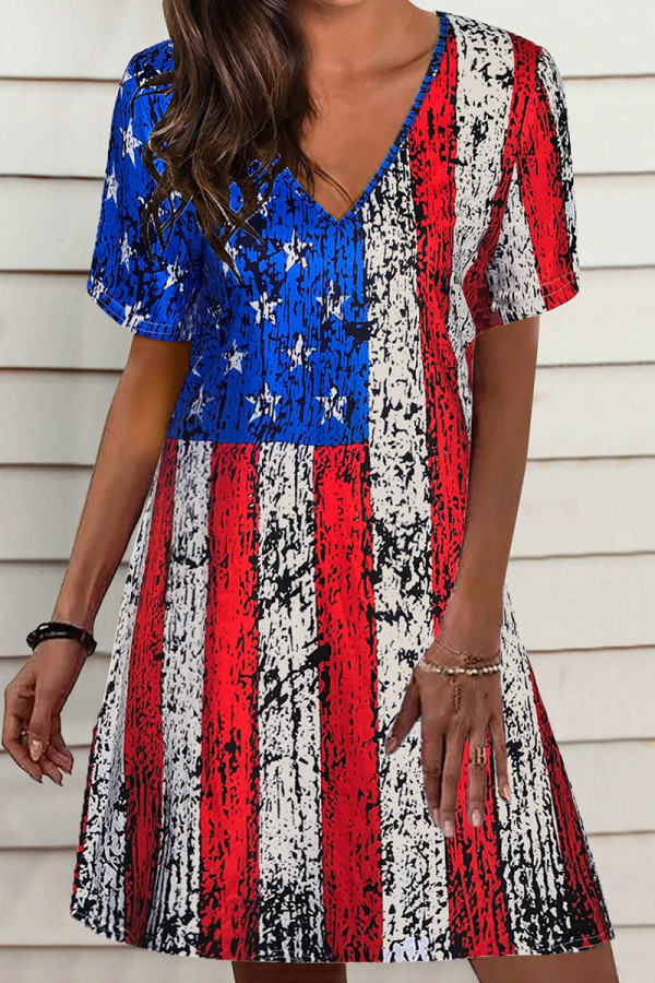 Red Blue Casual Print Patchwork V Neck Straight Dresses