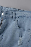 Babyblå Sexig Street Solid Tofs Ripped Make Old Patchwork Hög midja raka jeansshorts