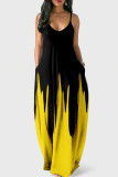 ブラック イエロー ファッション カジュアル プリント バックレス スパゲッティ ストラップ ロング ドレス
