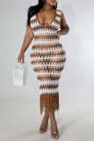 Белое модное сексуальное платье в стиле пэчворк с кисточками, прозрачное платье-жилет с V-образным вырезом