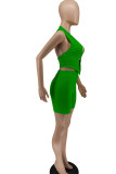 Green Sexy Solid Patchwork Asymmetrical V Neck Sleeveless Two Pieces