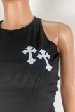 Roupas esportivas pretas casuais com patchwork bordado sólido cordão dobra o pescoço sem manga duas peças