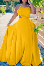 Желтые сексуальные однотонные лоскутные платья с открытой спиной и воланами, длинное платье с лямкой на шее, платья