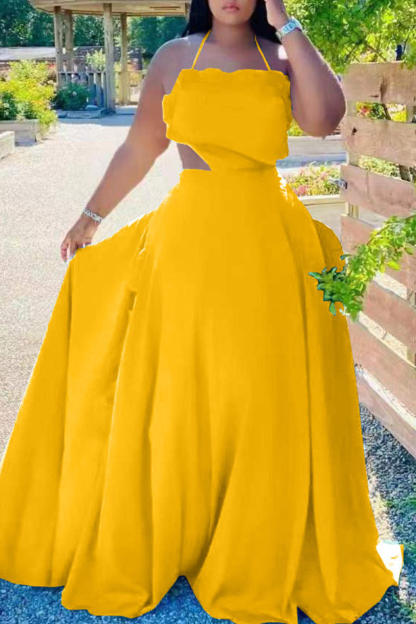 Gelbe reizvolle feste Patchwork-rückenfreie Volant-Halter-lange Kleid-Kleider