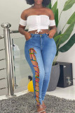 Light Blue Fashion Casual Solid Bandage Hollowed Out High Waist Skinny Denim Jeans