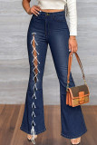 Blue Fashion Casual Solid Bandage Hoge Taille Boot Cut Denim Jeans