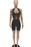 Black Sexy Solid Patchwork Asymmetrical V Neck Sleeveless Two Pieces