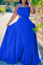 Blaue sexy feste Patchwork-Rückenfreier Volant-Halter-lange Kleid-Kleider