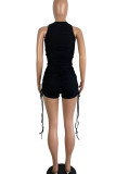 Blue Casual Sportswear Solid Embroidered Patchwork Draw String Fold O Neck Sleeveless Two Pieces